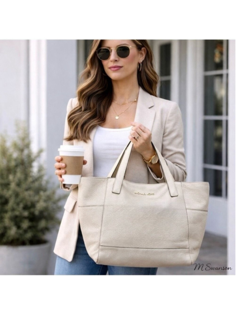 Michael Kors Ashbury Large Grab Bag Tote Ecru Pebbled Leather Work Travel Bag - Picture 2 of 11